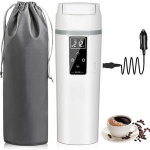 Car Travel Electric Kettle 12V/24V :450ML Tea Coffee Kettle Water Boiler, Portable Water Heater with Temperature Control, 304Stainless Material, LED Display and Boil Dry Protection (White)