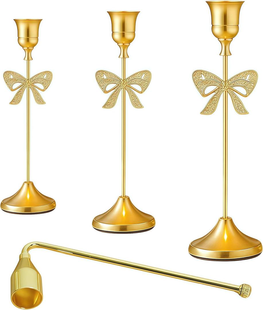 3 Pieces of Elegant Metal Bow Candle Holders with a Candle Extinguisher, in 3 Sizes, Perfect for Table centerpieces, fireplaces, Home Decor, Wedding and Party Decorations