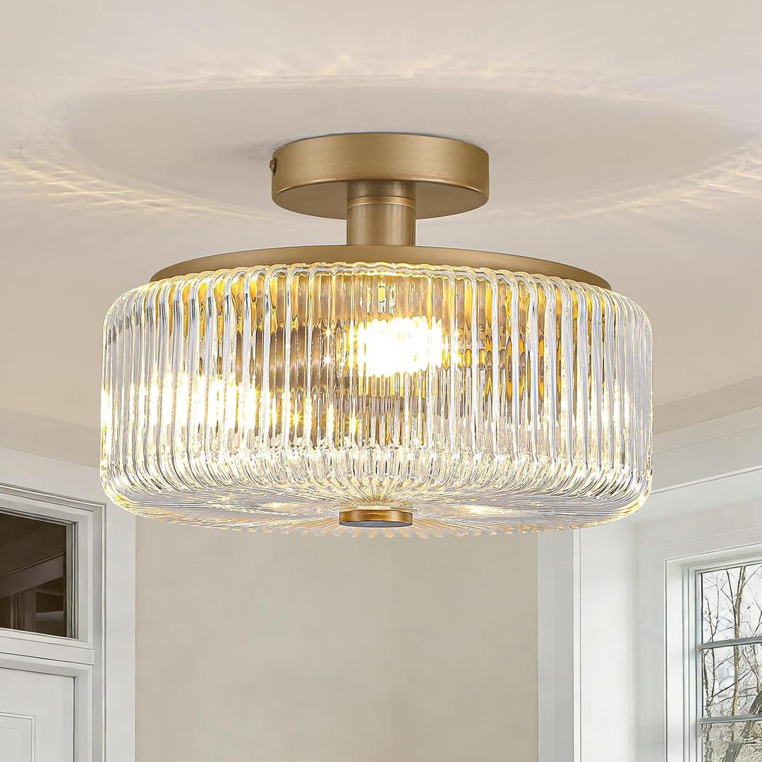 11.8 Inch Gold Semi Flush Mount Ceiling Light, 3-Light Hallway Light Fixture with Seeded Glass Shade, Mid-Century Modern Ceiling Light for Kitchen, Entryway, Foyer, Passage