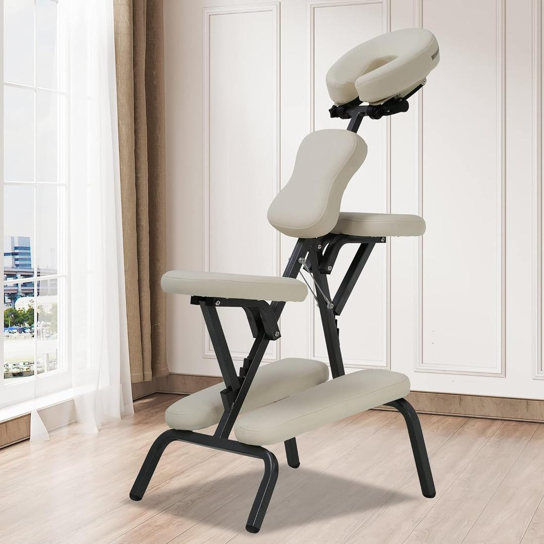 Portable Massage Chair, Height Adjustable Tattoo Chair, Folding Therapy Chair Face Cradle Salon Massage Chair with Carrying Bag (Cream)