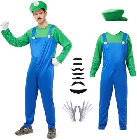 Sohaleway Halloween Costume Men Adult,Plumber Jumpsuit Cosplay Costume with Hat Gloves Moustache Accessories Set Medium