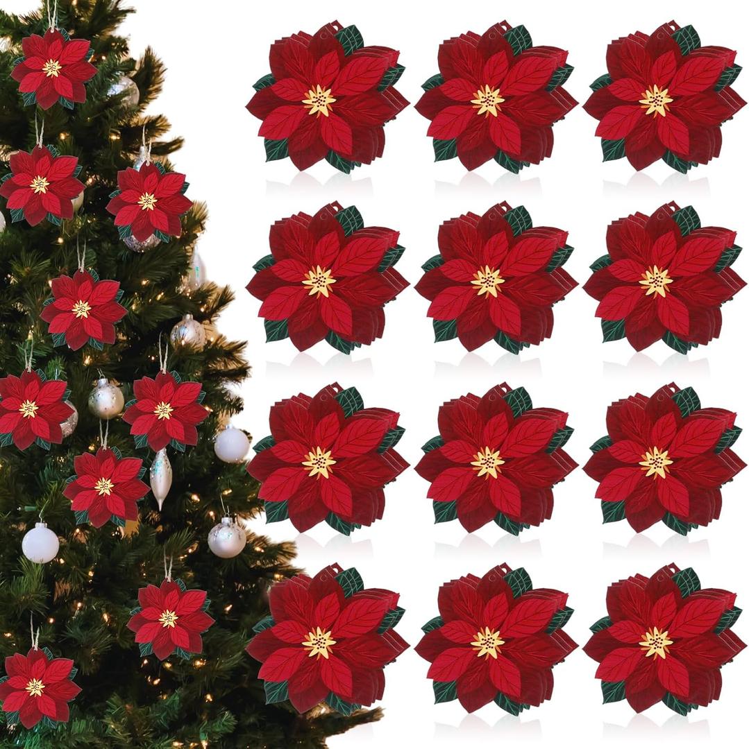 Suncalla 36 Pcs Wooden Poinsettia Flowers for Christmas Tree, Red Poinsettia Christmas Ornaments with Hemp Ropes for Xmas Tree Decorations Wreaths New Year Door Wedding Decor