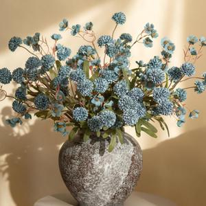 HyeFlora Fake Kiku Flowers, Faux Silk Pompon Mums Artificial Flowers, Chrysanthemum Stems Floral Arrangement Dried Flowers Vintage Decorative Indoor Home Decor Blue with Wax (Vase not Included)