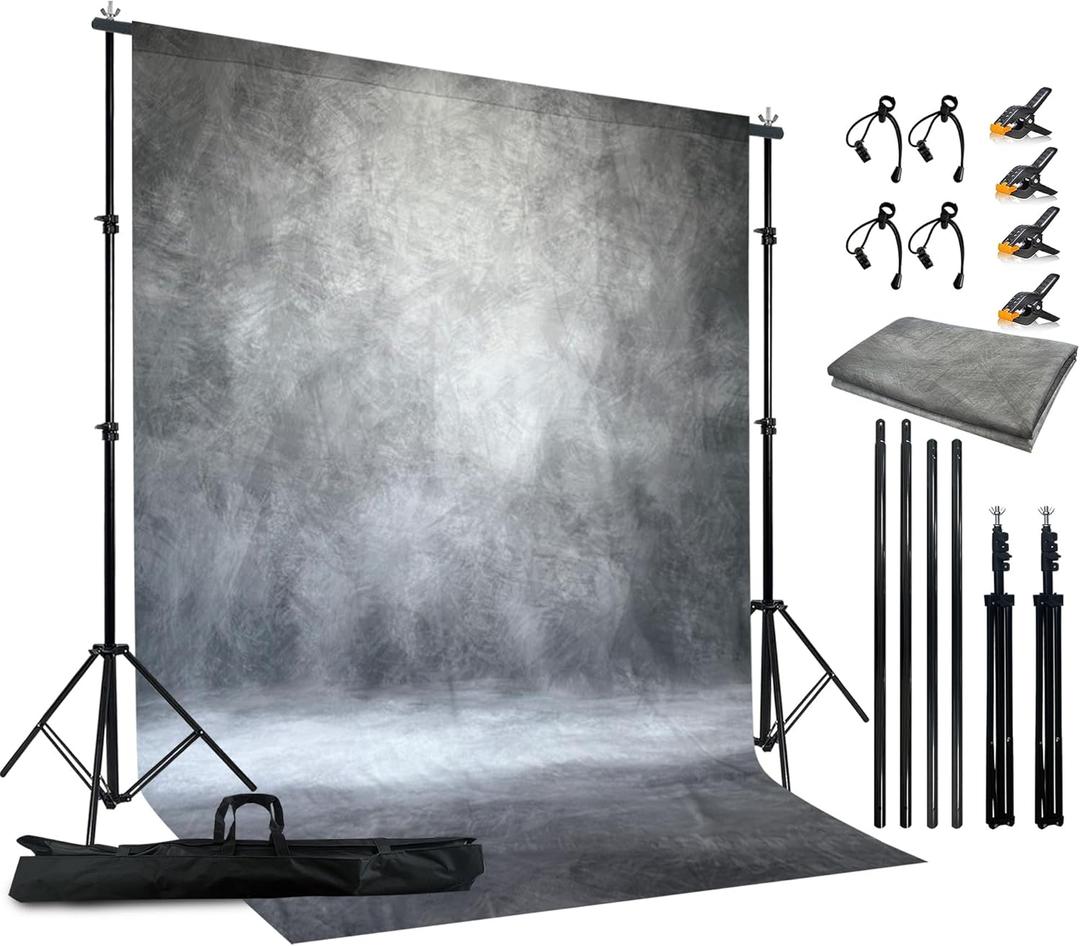 2-in-1 Abstract Photography Backdrop Stand Kit - 6.5x6.5 ft Portable Dual Rod Stand with 6x8 ft Polyester Fabric Backdrop for Portraits and Photo Props - Roller Pocket Design6x8ft,Grey