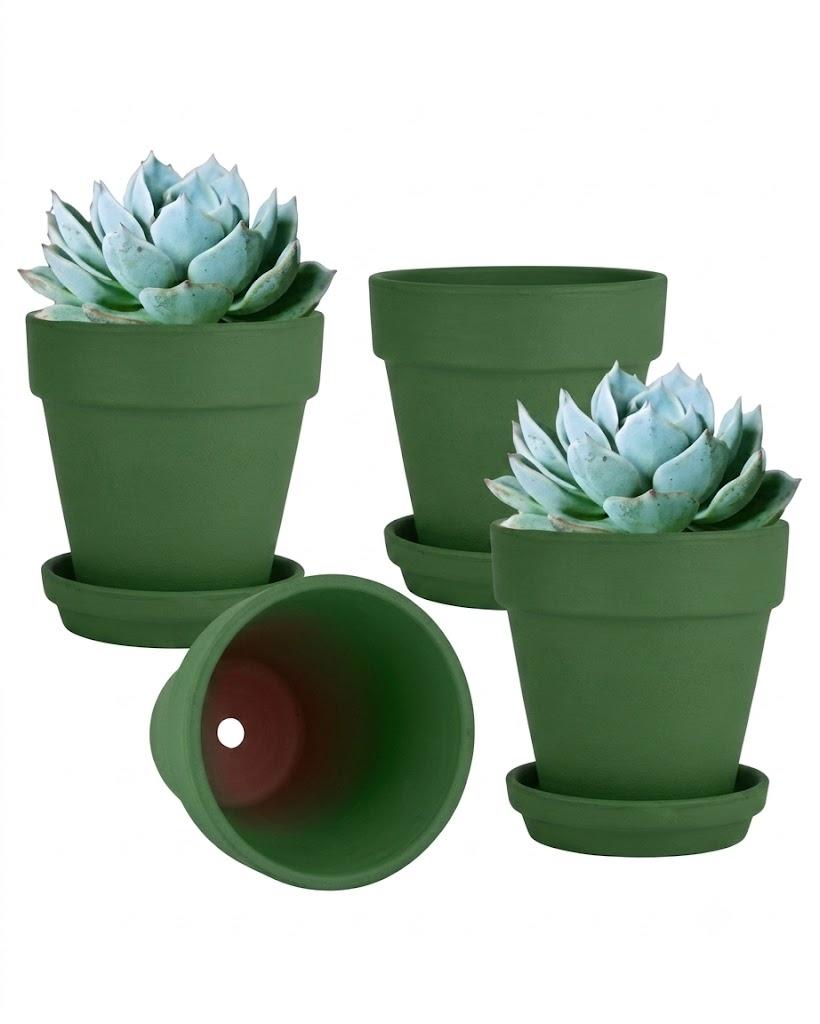 vensovo 6 Inch Clay Pot for Plant with Saucer - 4 Pack Large Green Terra Cotta Plant Pot with Drainage Hole, Flower Pot with Tray, Terracotta Pot for Indoor Outdoor Plant