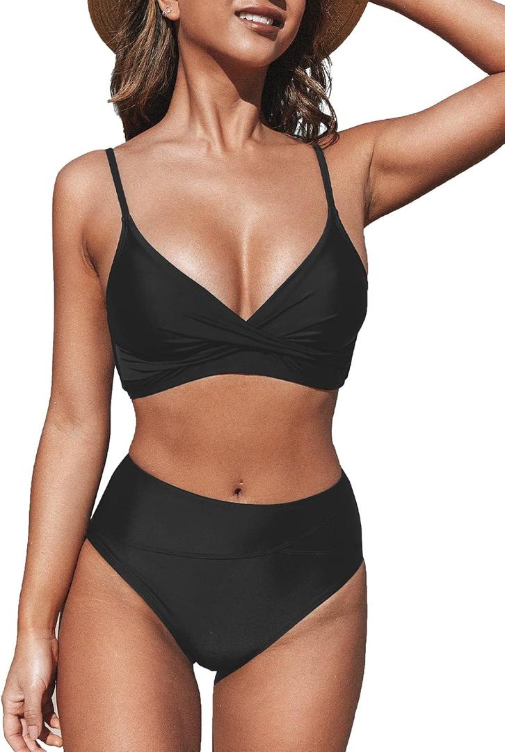 CUPSHE Women's Bikini Sets Two Piece Swimsuit High Waisted V Neck Twist Front Adjustable Spaghetti Straps Bathing Suit (Black, S)