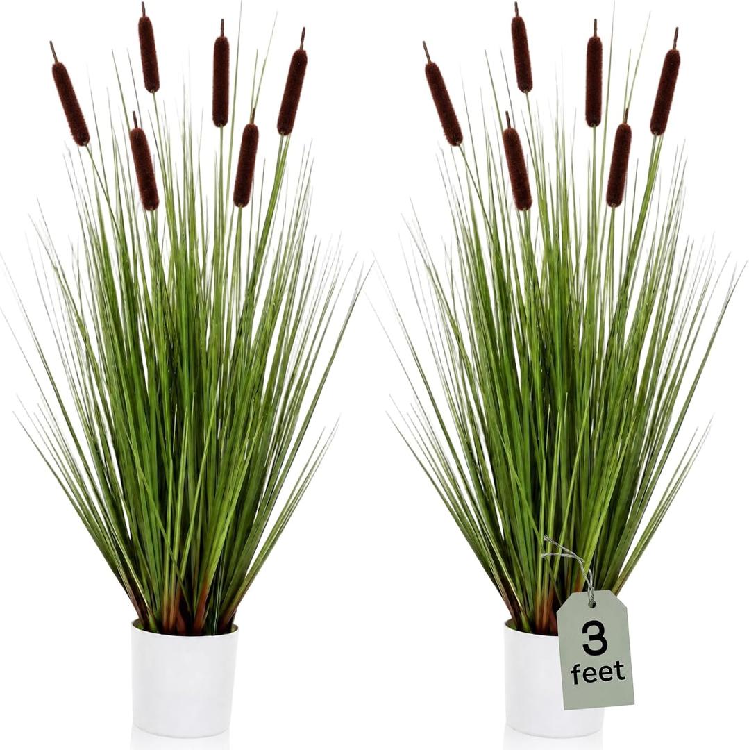 Jexine 2 Pack 3ft Artificial Cattails Plant in Pot for Indoor Outdoor