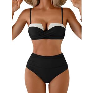 Aidonger Push Up Bikini Sets for Women Wrap Two Piece Swimsuit Tummy Control Bathing Suit Tie Back Swimwear Color Block (X-Large, White, Black)