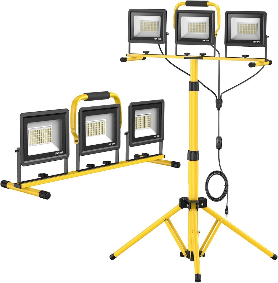 Upgraded LED Work Lights with Stand, 21000 Lumen, 3-Head Adjustable Work Light, Waterproof Foldable Tripod, Extended Cord for Outdoor & Indoor Job Sites, Workshops, Construction, Garage Lighting