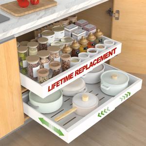 ANTOWIN 1Pack Expandable Pull Out Cabinet Organizer 21" Deep (12.2"-20.5" Width), Slide Out Drawers for Kitchen Cabinets, Roll Out Shelves Adhesive with 3-Layer Steel, for Cabinets Without Lip, White