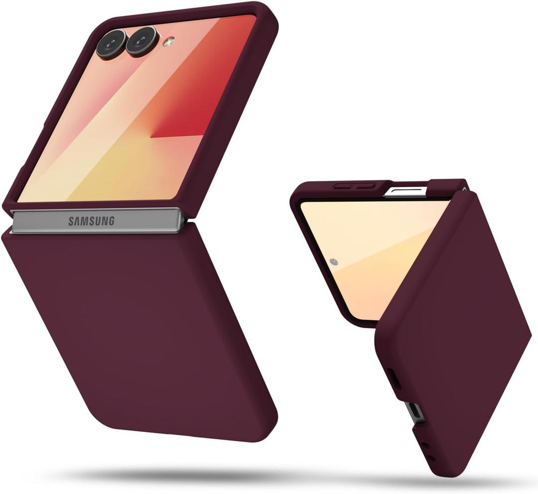 oakxco for Samsung Galaxy Z Flip 7 Phone Case Liquid Silicone, Cute Thin Slim Soft Rubber Gel for Women Men, Smooth Matte TPU Plain Solid Color Girly Simple Case with Camera Cover, Burgundy Maroon