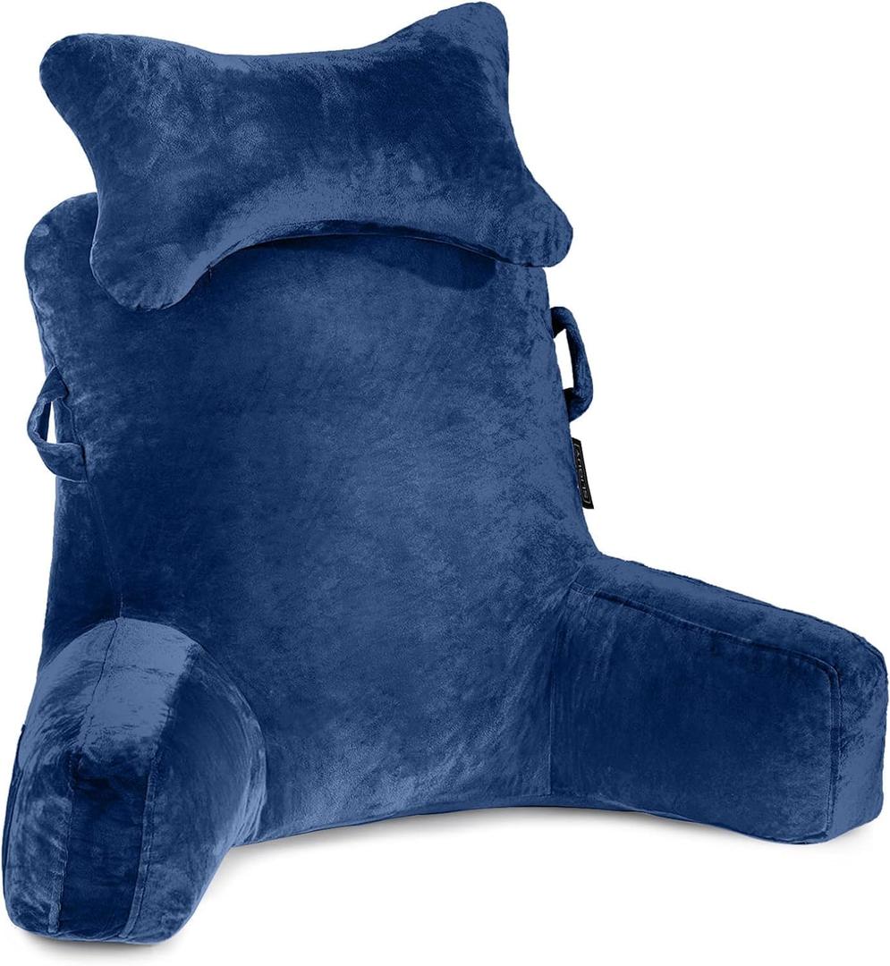 SLIGUY Reading Pillow-Extra Large 31" Bed Rest Pillow with Detachable Neck Roll & Arms for Sitting in Bed or Couch-Adult Backrest Reading Pillow for Reading/Watching TV/Gaming/Relaxing-Dark Blue