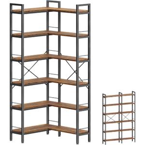 Huuger 6 Tier Bookshelf, L Shaped Corner Bookshelf with Open Shelves, 49.4 Inch Straight Wide Bookcase with Metal Frame and Wooden Board, Adjustable Feet, Rustic Brown