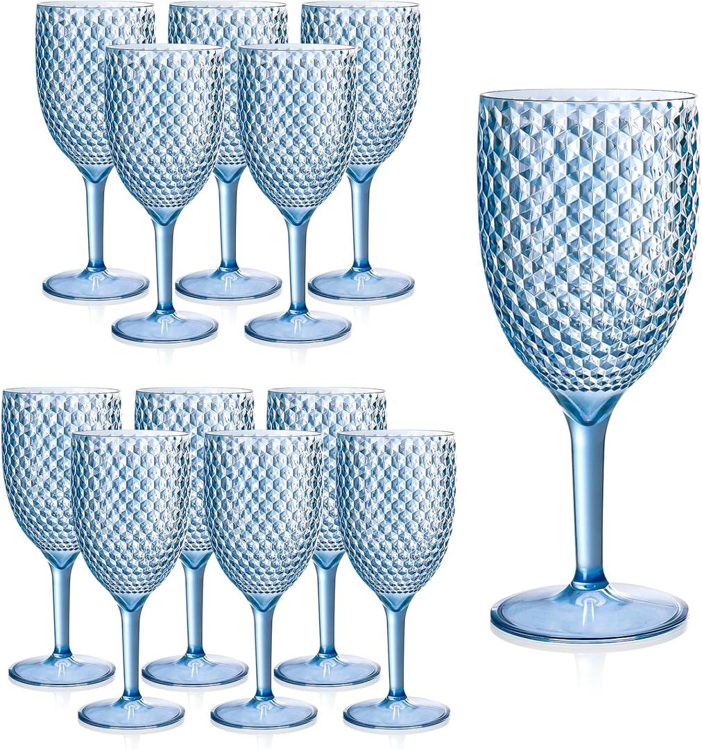 12Pcs Blue Plastic Wine Glasses 13.5oz Reusable Acrylic Wedding Goblets Toasting Glassware Unbreakable Wine Cups with Long Stem Crystal Drinking Glasses Champagne Flutes for Bar Restaurants Party