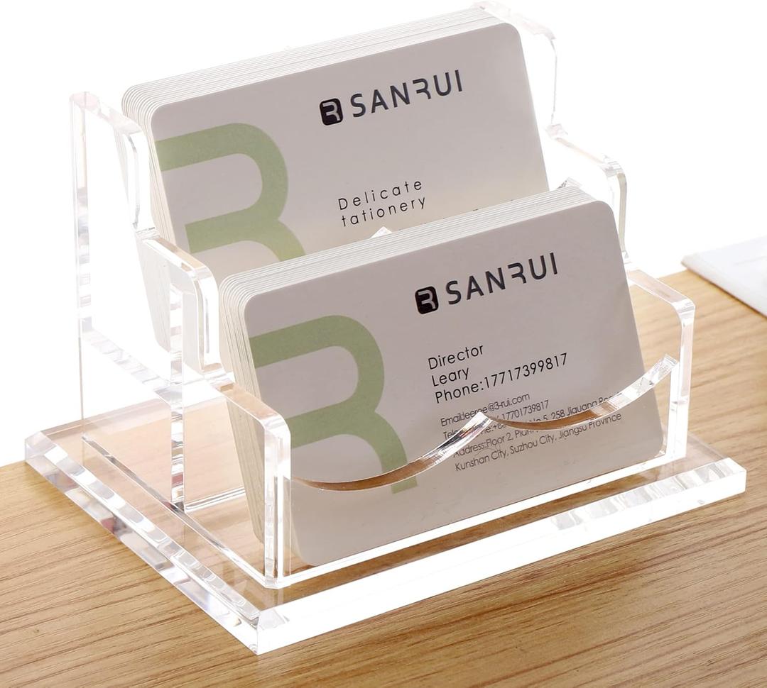 YUXUN Clear Acrylic 2-Tier Business Card Holder  2-Slot Desk Organizer for Office, Reception, Trade Shows (Ideal for Men & Women)