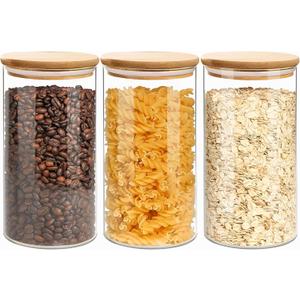 1.5 Qt Round Glass Storage Containers with Lids, Clear Food Storage Container Jar with Sealing Bamboo Lid for Noodles Flour Cereal Rice Sugar Tea Coffee Beans, Round Set of 3