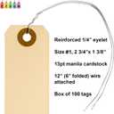 100 Manila Shipping Tags with Wire Attached #1-2 3/4 x 1 3/8 - Small Paper Hang Labels with Metal Ties and Reinforced Hole, Pre-Wired Tags to Tie On