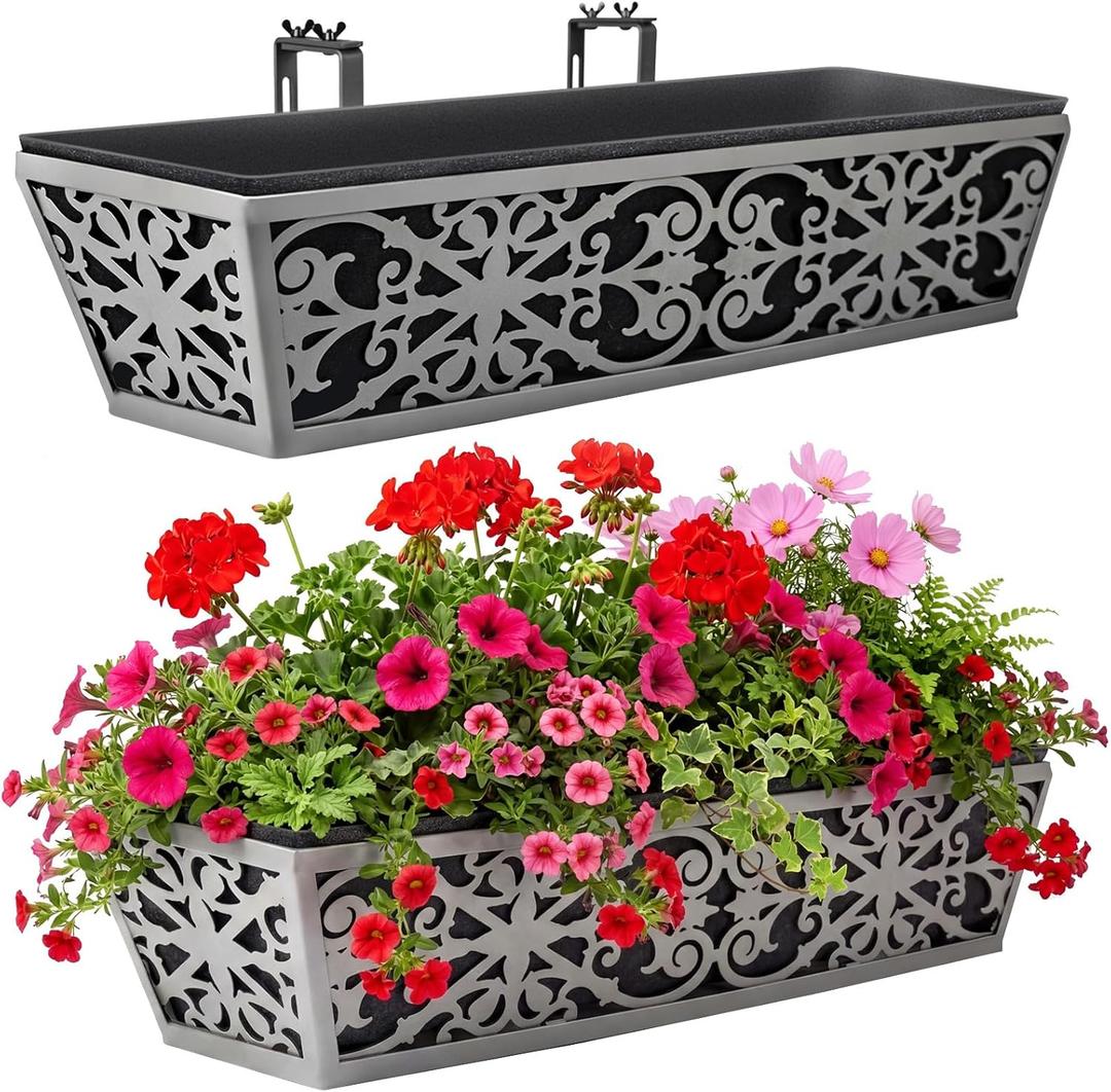 2 Pack 24 Inch Window Boxes Planter for Outdoor Plants Deck Railing Planters Box with Adjustable Brackets for Porch Fence Balcony Hanging Flower Baskets with Non-Woven Fabric Liner for Garden Decor