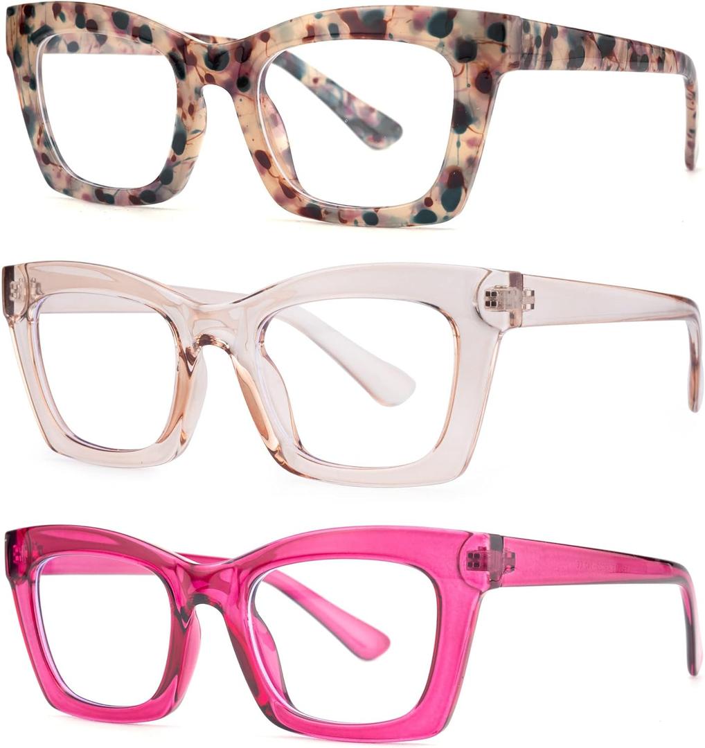 bullabulling 3 pack Oprah style Spring hinge Readers Blue Light Blocking Computer Square Reading Glasses for Women Men (Flowers/Tea/Rose)