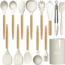 oannao Silicone Cooking Utensils Set - 446F Heat Resistant Silicone Kitchen Utensils for Cooking,Kitchen Utensil Spatula Set w Wooden Handles, BPA FREE Gadgets for Non-Stick Cookware (Khaki)