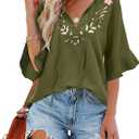 Womens Summer Tops 3 4 Sleeve Women Blouses Casual Boho Top Spring Floral Short Sleeve Shirts Vacation (Green, S)