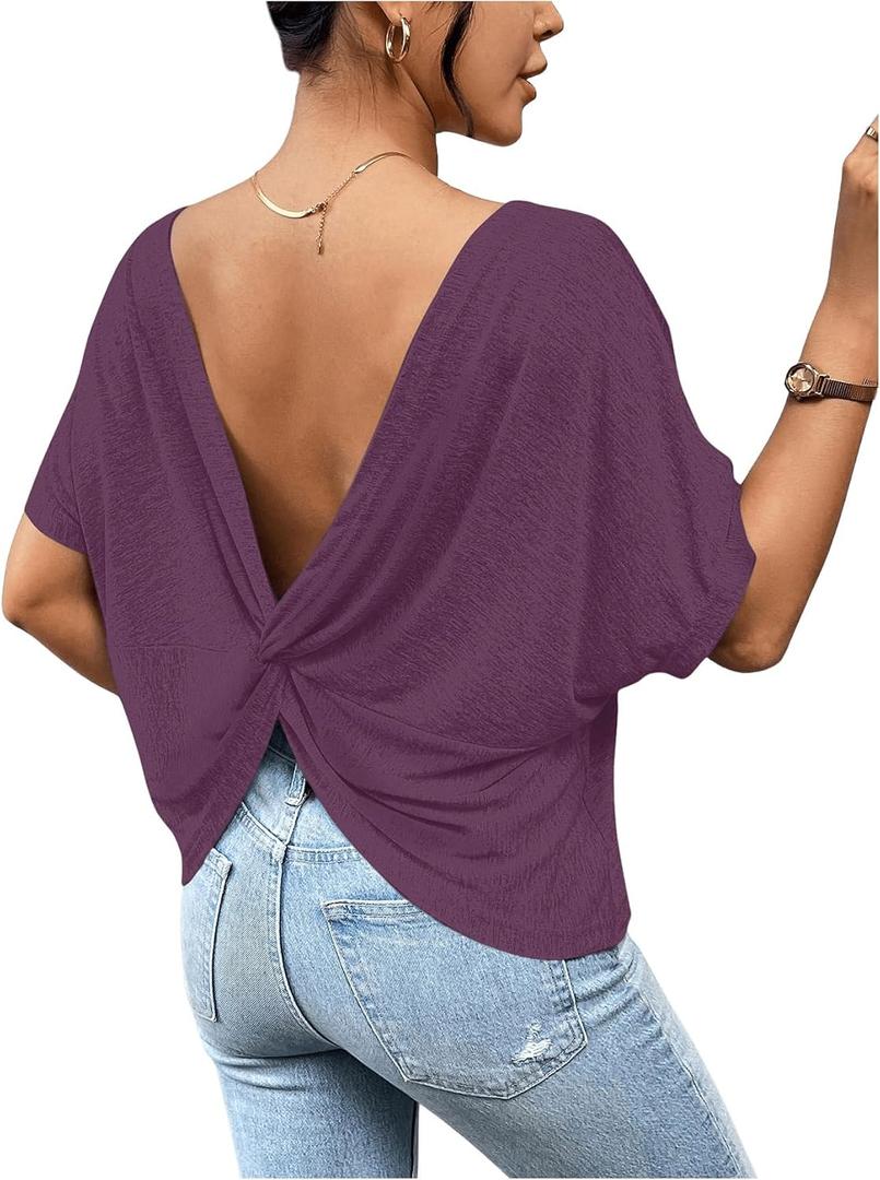 RoseSeek Women's Backless Twist Knot T Shirt Oversized Solid Short Sleeve Tees Open Back Asymmetrical Hem Casual Tops