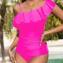 Yonique Women's Two Piece Swimsuits One Shoulder Tankini Tummy Control Bathing Suits Ruffle Swimwear (Pink, L)