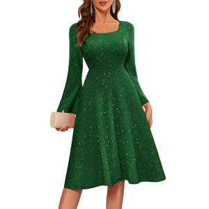 BeryLove Prom Dress for Teens Long Sleeve Sequin Dress Square Neck Midi Cocktail Party Formal Dress Glitter Bridesmaid Dresses S006 DarkGreen S (Green)