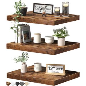 QEEIG Floating Shelves for Wall Bathroom Shelf Bedroom Kitchen Living Room Hanging Book Shelves Small Farmhouse Decor 16 inch Set of 3, Rustic Brown (015-BN3) 40X29.5