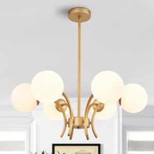 6-Light Gold Sputnik Chandeliers, Globe White Glass Shade Pendant Light Fixture, Mid-Century Modern Chandeliers for Bedroom Living Room Hallway Dining Room Kitchen