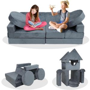 Nugget Couch Kids 14pcs Modular Kids Play Couch Building Fort, Nugget Play Couch Kids Foam Couch for Playroom Bedroom Boy Girl Teens Gifts,Grey