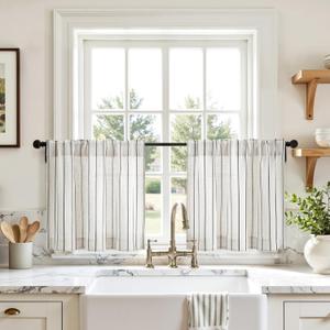 HOMEIDEAS Striped Linen Kitchen Curtains 24 inches, Boho Farmhouse Light Filtering Natural Tier Curtains Sets, Small Window Treatments for Bathroom Cafe RV 2 Panels, Black