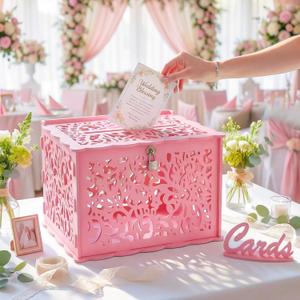 Pink Wedding Card Box with Lock, PVC Box for Wedding Reception Decorations, Exquisite DIY Money Envelope Card Box for Party Graduation Birthday Baby Shower Wedding Decor