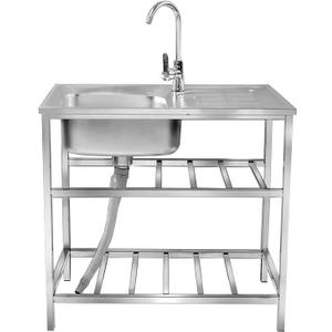 Outdoor Utility Sink,Free Standing Stainless Steel Laundry Tub, Single Bowl Portable Washing Hand Basin Station,with Cleaning Table&Storage Shelves for Garage, Restaurant, Kitchen,Camping, Backyard  