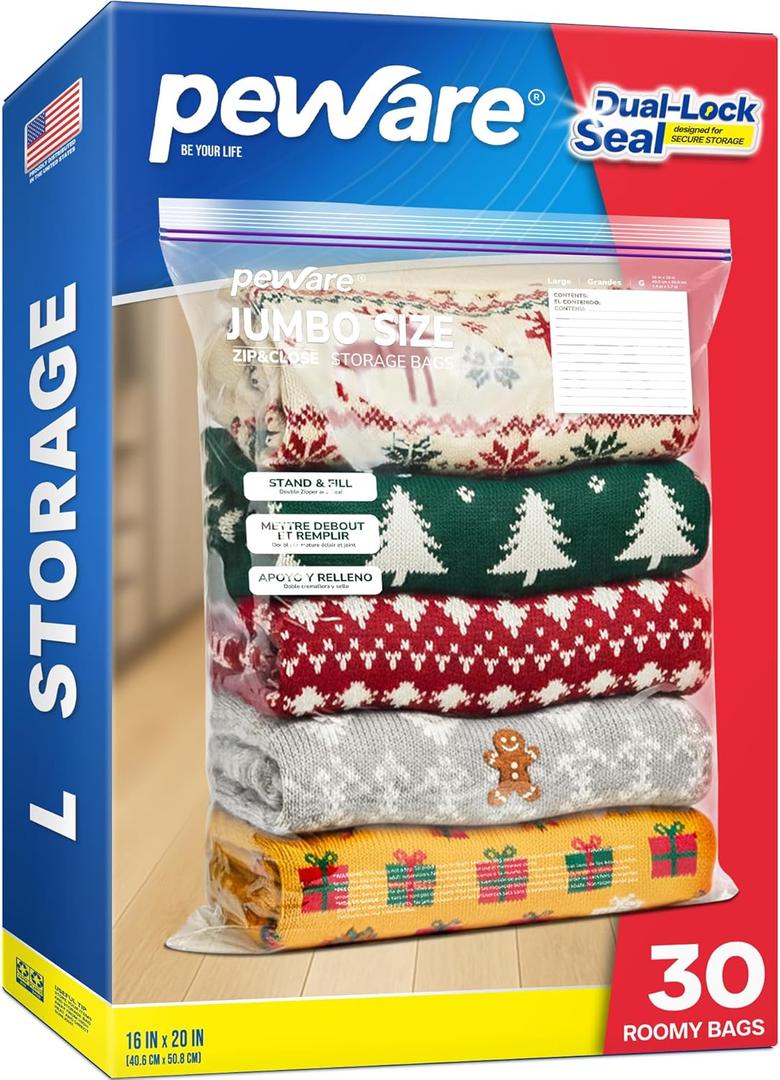 Large Storage Bags, 16"x20" Jumbo Plastic Bag, BPA Free, 3.5 Gallon XL Zipper Lock Baggies for Clothes Pillow Travel Moving - 30 Roomy Bags