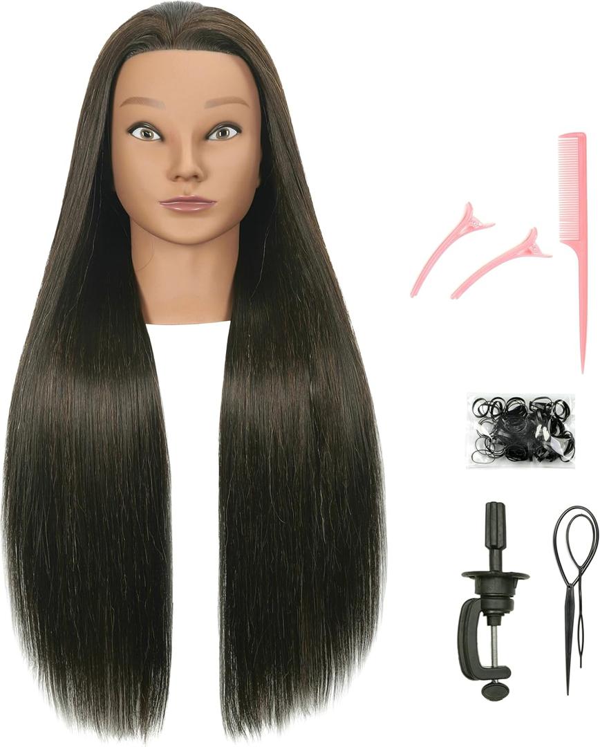 30 inches Long Brown 80% Real Human Hair Mannequin Head with Stand for Braiding Styling Updos Curling Cutting Practice Cosmetology Training Display with Stand