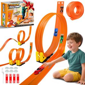 Flexible Race Track Toys for Kids: 15 Ft Rolls Up DIY Racetrack with 4 Cars & 10 Suction Cups - Compatible with Hot Wheels and Diecast 1/ 64th Cars - Birthday Gifts for Age 3-8 Years Old Boys Girls