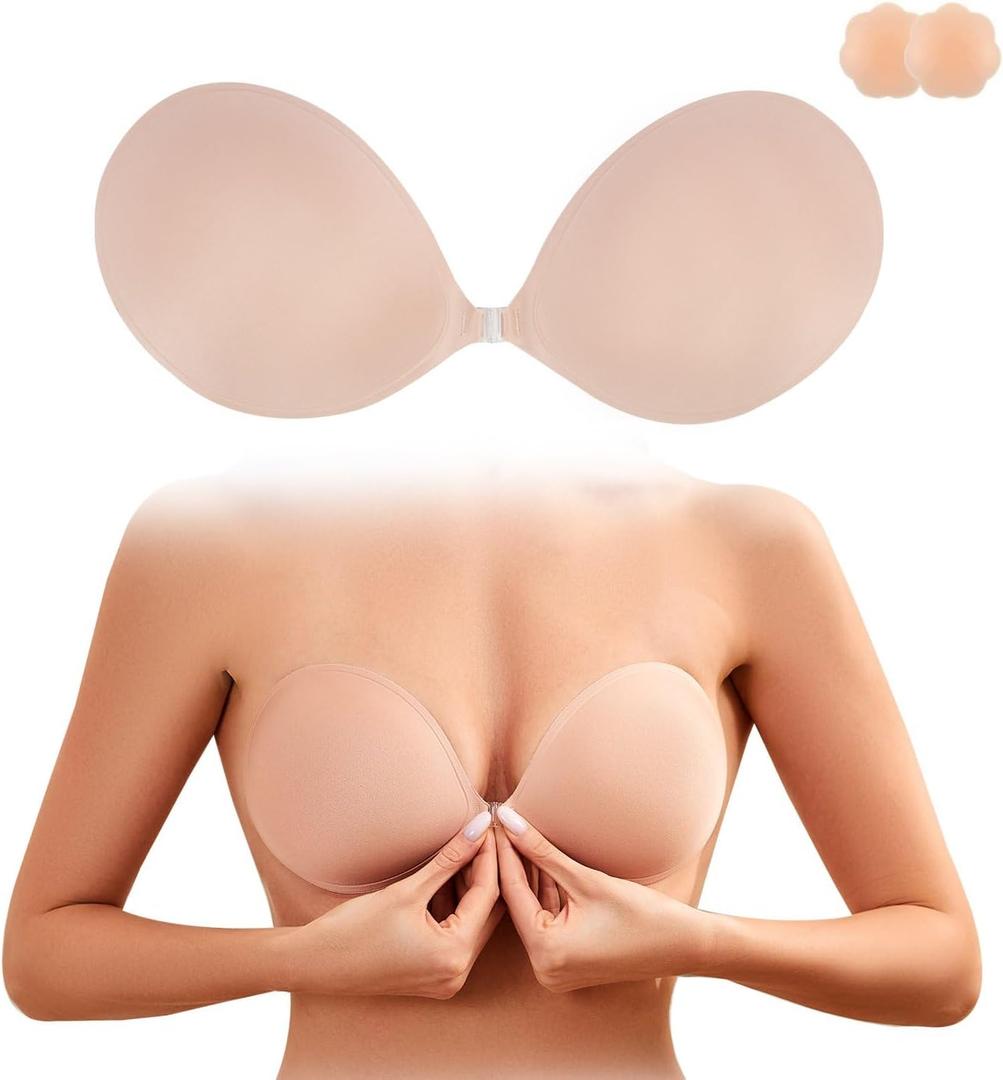 Sticky Bra Push Up Cloth Padded Add Cup Adhesive Bras Strapless Reusable Invisible for Women Backless Dress (D, Nude)