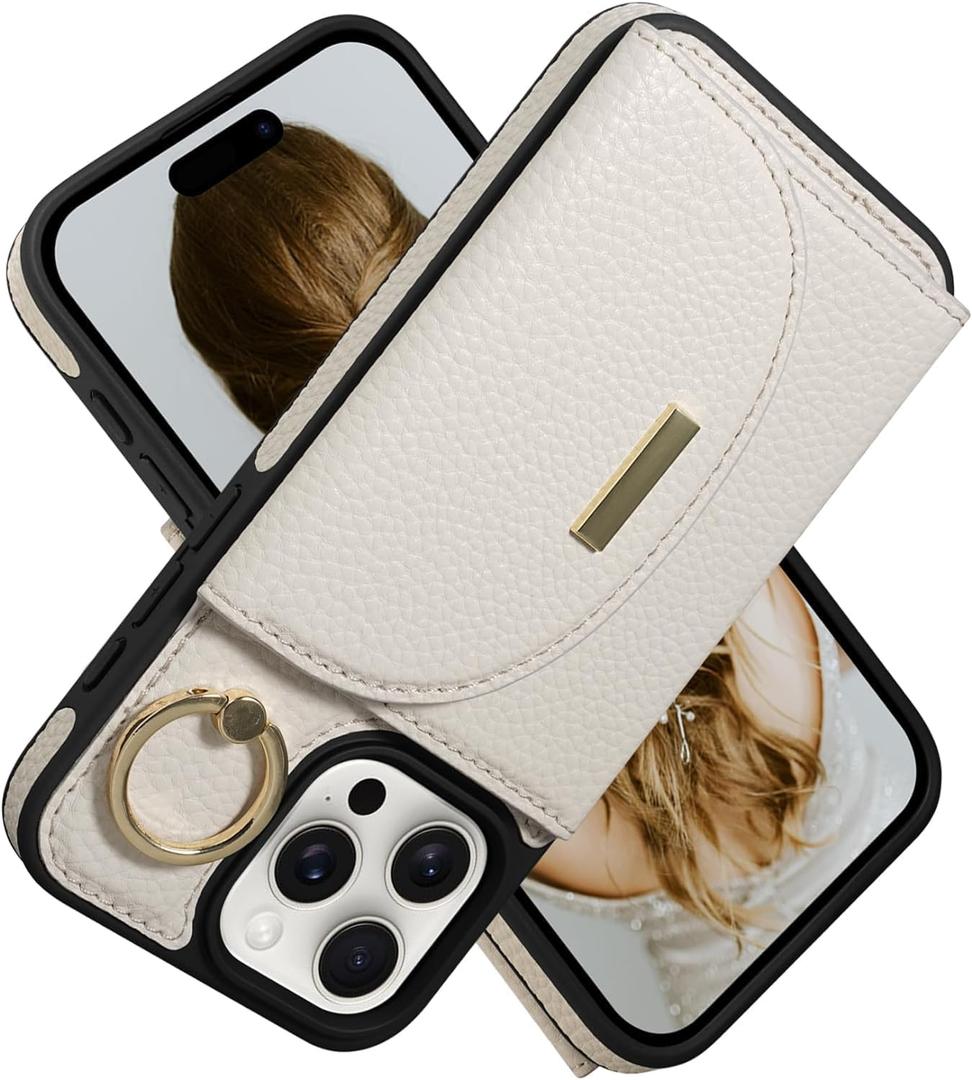 Keallce Wallet Case for iPhone 16 Pro 6.3'', Flip Case with Card Slots, Ring Holder Kickstand, PU Leather Protective Folio Cover for Women, Beige