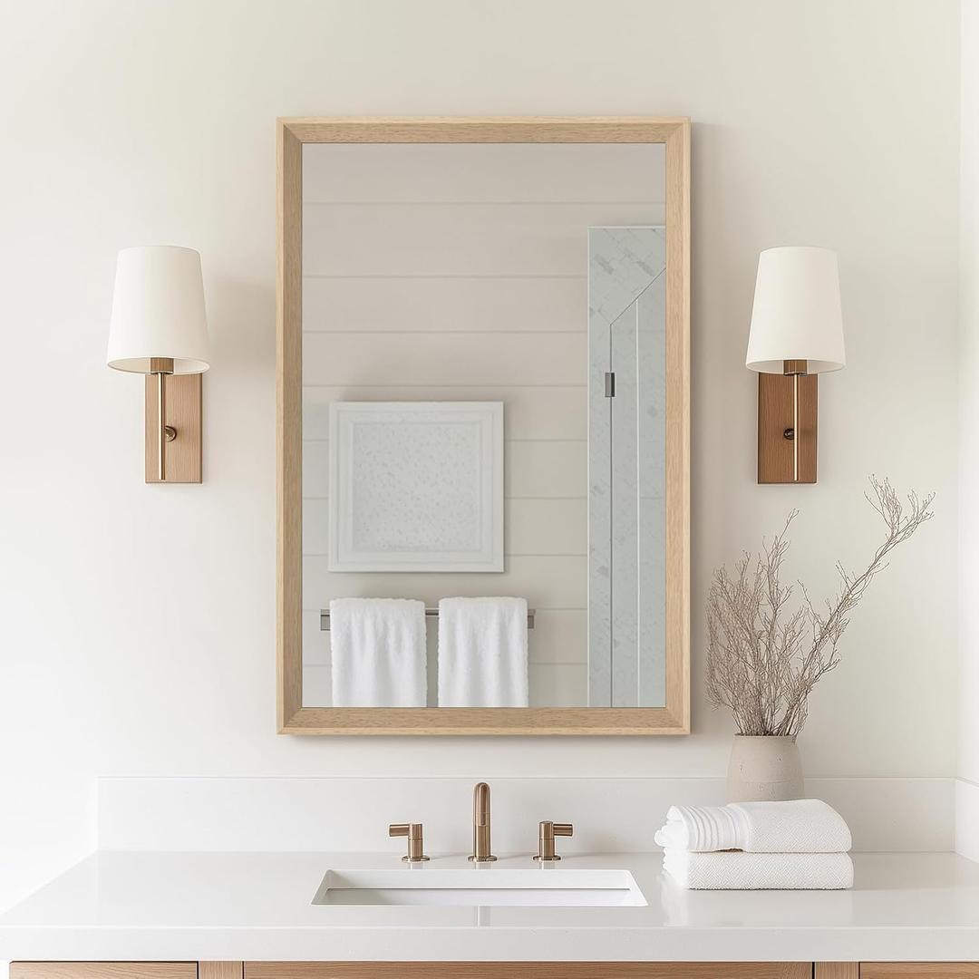 Oak Wood Effect Framed Wall Mirror, 20x30 Rectangle Mirror, 1/8" Anti-desilvering Tempered Glass, Sustainable& Sturdy Frame, Anti-Rust, HD Reflection &3min Fast Setup for Bathroom Living Room