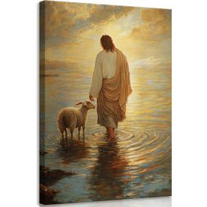 Jesus Walking on Water Wall Art Jesus and Lamb Wall Art Christian Wall Decor Biblical Stories Wall Painting Inspirational Religious Prints God Picture Decoration for Living Room Bedroom 16x24 in