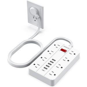 Power Strip with USB,Surge Protector Flat Plug with 8 Widely Spaced Outlets and 6 USB Ports(1 USB C), 5ft Extension Cord Wall Mountable Phone Tablet Laptop Computer Multiple Devices (White)