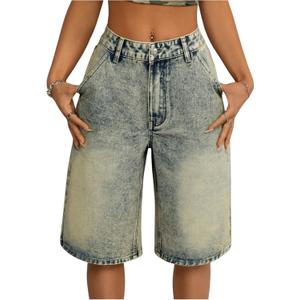 Women's Vintage Y2K Straight Leg Denim Shorts Washed Bremuda Jeans Shorts with Pockets (Medium Wash, 27 )