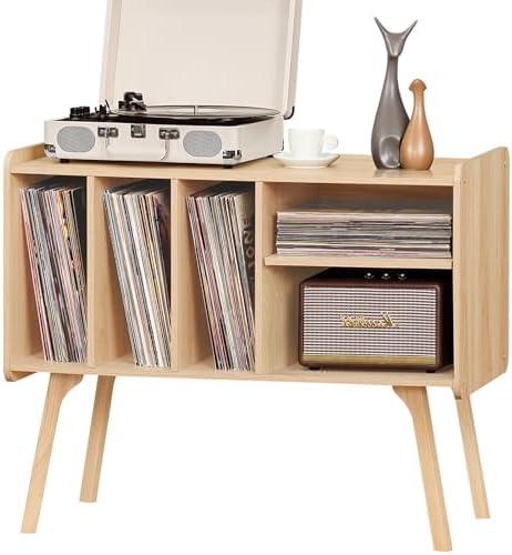 Lerliuo Record Player Stand with 4 Cabinet Holds Up to 220 Albums, Large Stand with Beech Wood Legs, Mid-Century Record Player Table, Burlywood Vinyl Holder Storage Shelf for Living Room