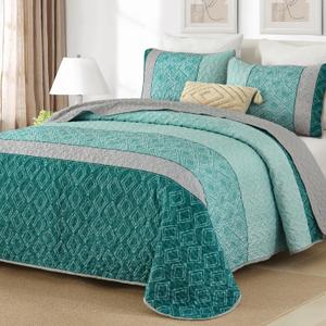 Cottolester Boho Quilt Set California King Size 3 Pieces,Teal Striped Plaid Bedspread,Soft Microfiber Bedding Set with 2 Pillow Shams 112"x96"
