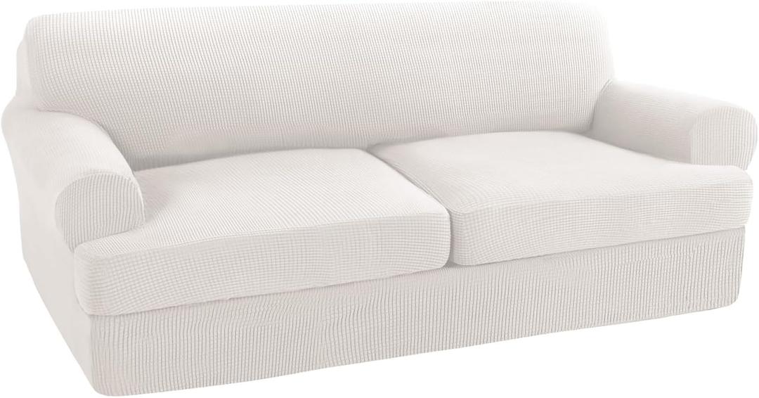 Turquoize 3 Piece T Cushion Sofa Slipcovers Stretch Couch Cover Furniture Covers with 2 Individual T Cushion Covers, Machine Washable (2 Cushion Sofa, Ivory)