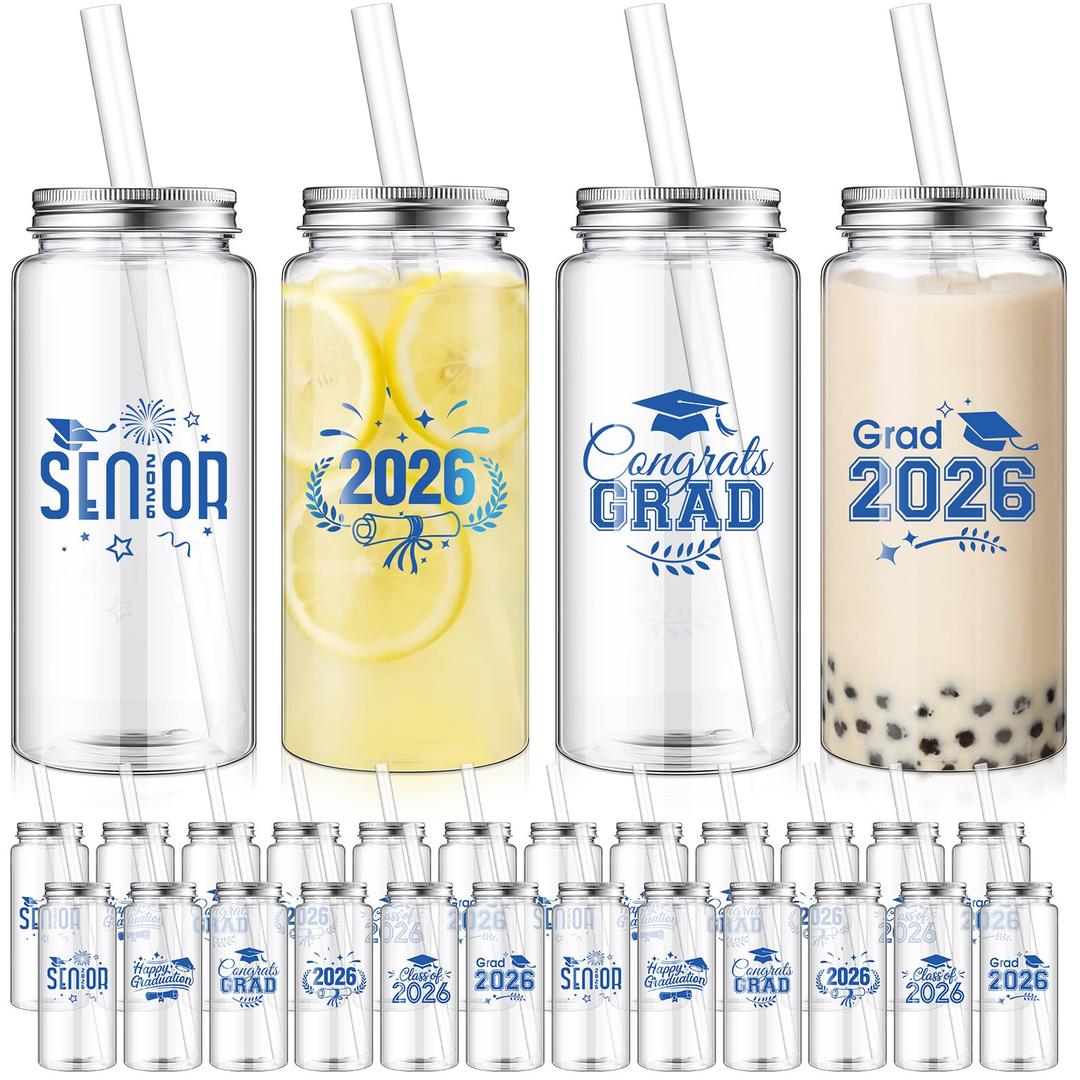 Yiyiring 48 Pcs Graduation Gifts 13.5 oz Class of 2026 Plastic Cups with Lid and Straws Bulk Senior Mason Jars Bottles Reusable Tumblers for College Congrats Graduate Party Supplies (Blue Black)