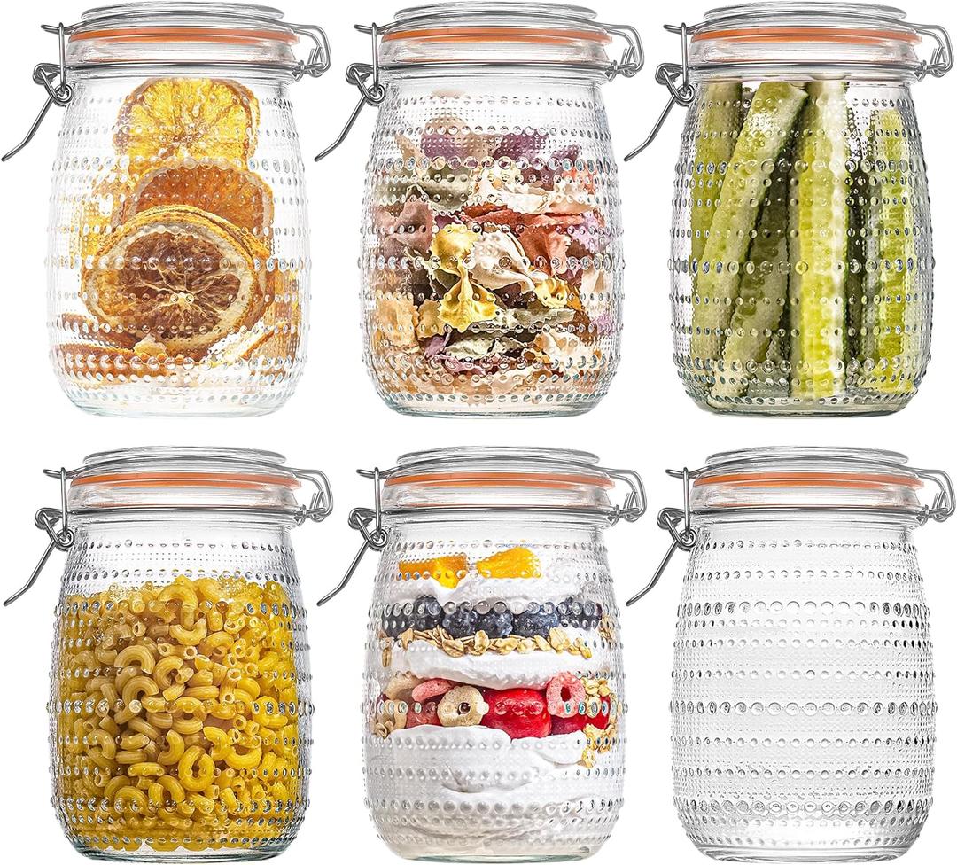 WACOI 32 Oz Glass Mason Jars with Airtight Lids 6 Pack, Wide Mouth Canning Jars with Clip Top Lids for Kitchen Storage Pickling Salad Jams Coffee Beans