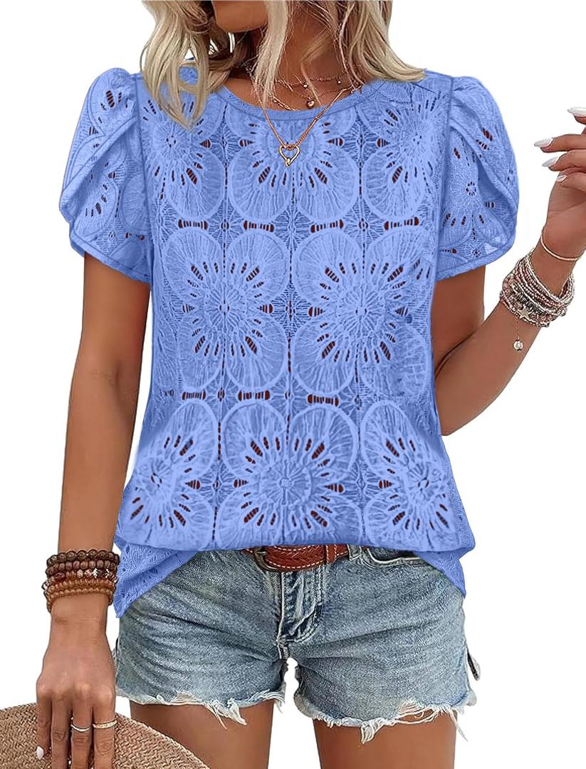 OFEEFAN Blouses for Women Dressy Casual Petal Short Sleeve Shirts Crochet Lace Boho Tops Spring Fashion Summer Outfits L