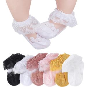 CHUNG Baby Toddler Girls Princess Cotton Frilly Socks Lace Ruffle Pack of 4/5/6 Thin Mesh Summer for Dress (3-12 Months, Crystal 6 Pairs)